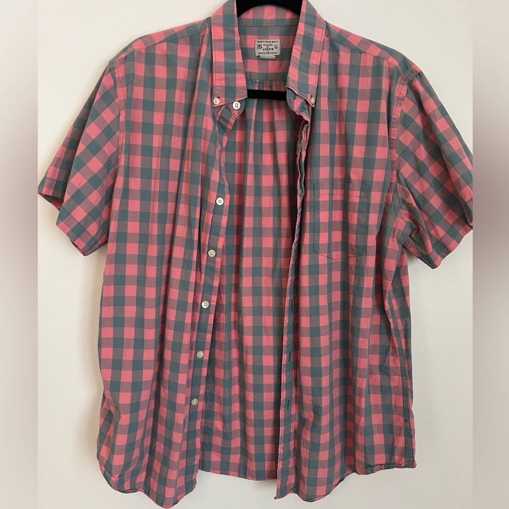 J. Crew Pink Heathered Gingham Short Sleeve Button Down Size L